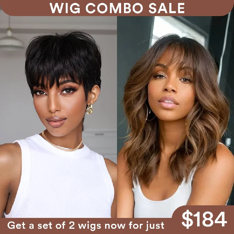 Colored wig with a side - swept bang for a sophisticated lookWig Combo 8-Pixie  Wig+ Chestnut Brown Layered Wavy Wig