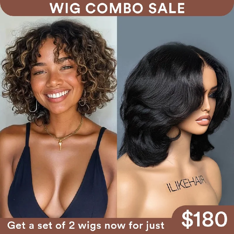 Synthetic colored wig with a heat - resistant formula for easy stylingWig Combo 9-Blonde Highlight Curly Bob Wig+Layered Bob Wavy Wig