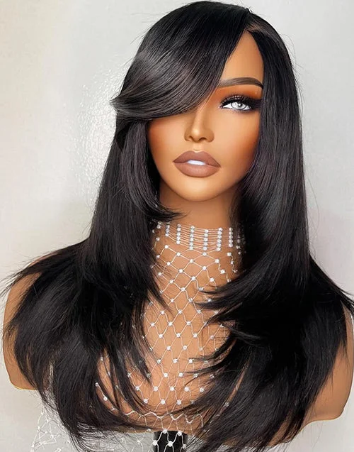 Lace wig with a curly texture for a bold and stylish choiceWith Sideswept Glueless Straight 13x5 Pre Cut Lace Layer Cut Wig Human Hair