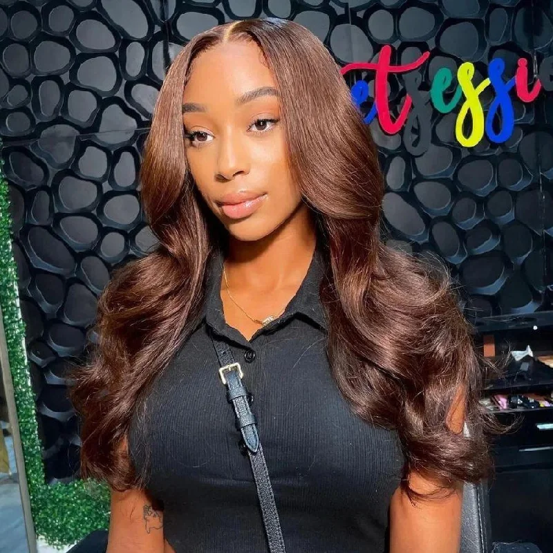 Lace wig with a wavy texture for a beachy lookWOWANGEL #4 Brown Color Skinlike Real HD Lace 13X6 Full Frontal Wig Body Wave