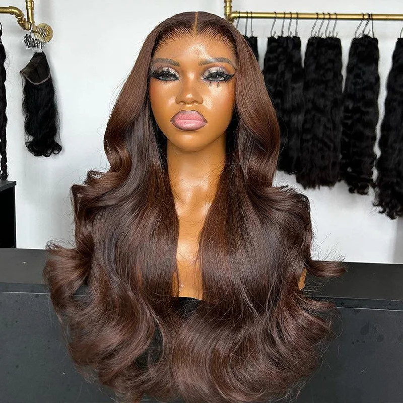 Lace wig with a side - swept bang for a sophisticated lookWOWANGEL 6x6 Skinlike Real HD Lace Closure Wig #4 Brown Color Body Wave