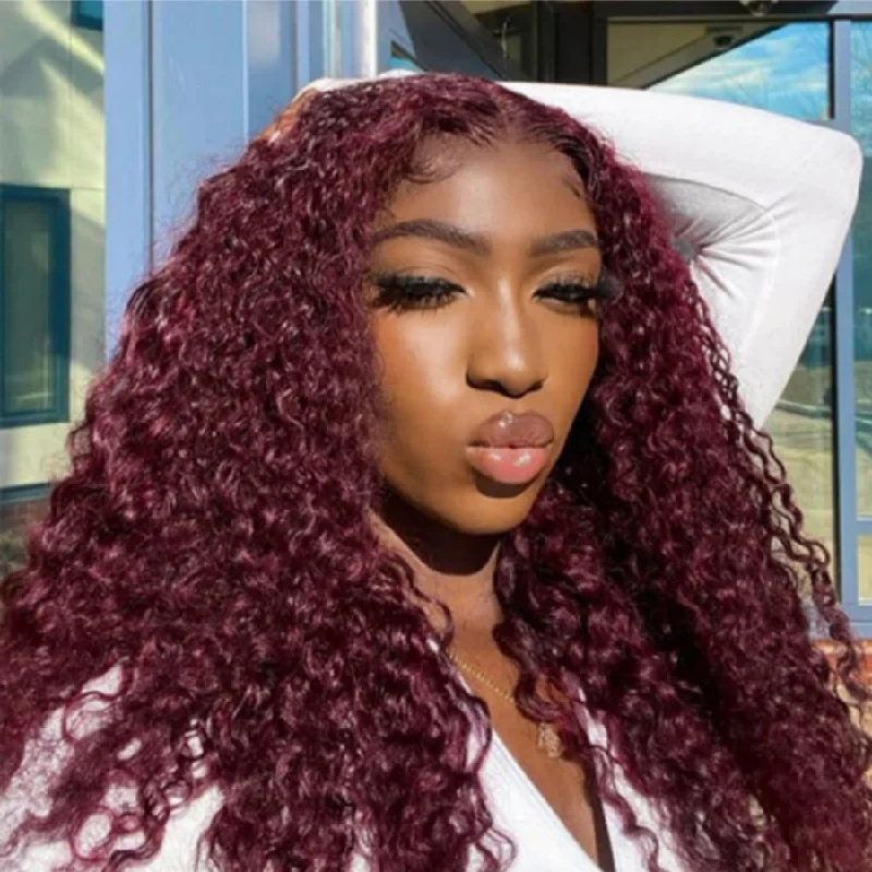 Human - hair lace wig for a luxurious and natural feelWOWANGEL 99J Burgundy 5X5 HD Lace Closure Wig Curly Glueless Wigs