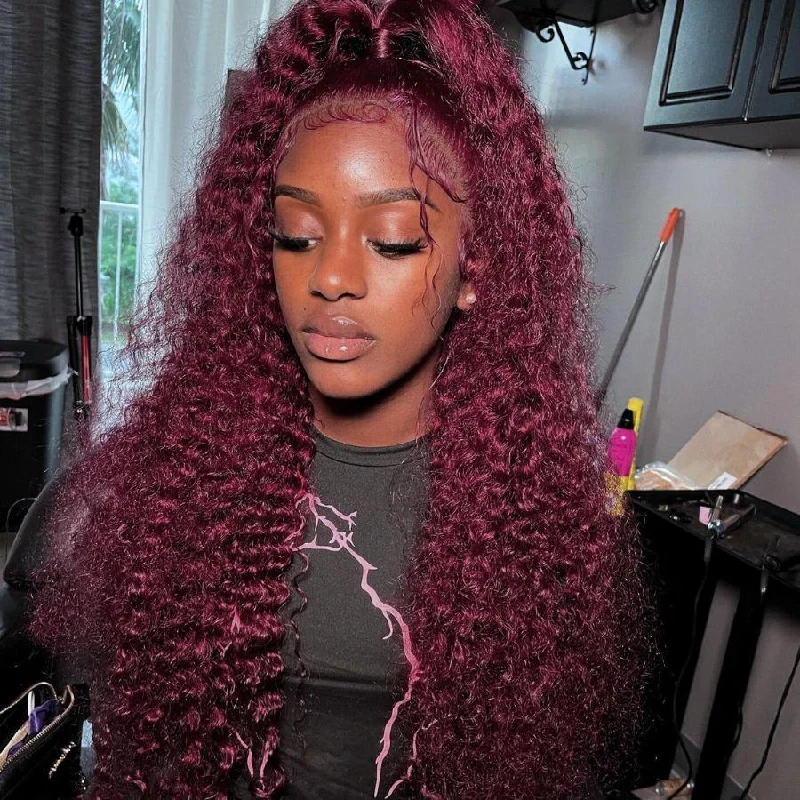 Lace wig with a side - swept bang for a sophisticated lookWOWANGEL 99J Burgundy Color 9X6 Wear Go Glueless Wig Curly HD Lace Wigs