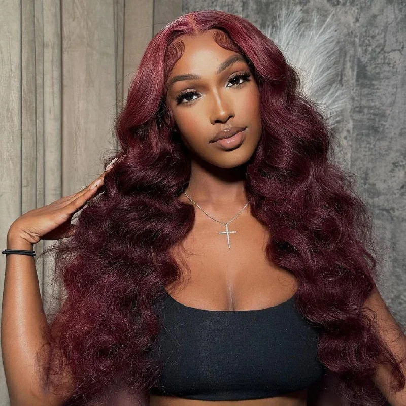 Full - lace wig with a natural - looking hairline for a seamless appearanceWOWANGEL 9X6 Wear Go Glueless Wig 99J Burgundy Loose Wave HD Lace Wigs