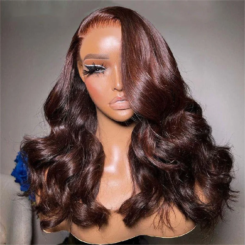 Lace wig with a pre - bleached knot for a natural - looking scalpWOWANGEL 9X6 Wear Go Glueless Wig Dark Reddish Brown HD Lace Wigs Body Wave