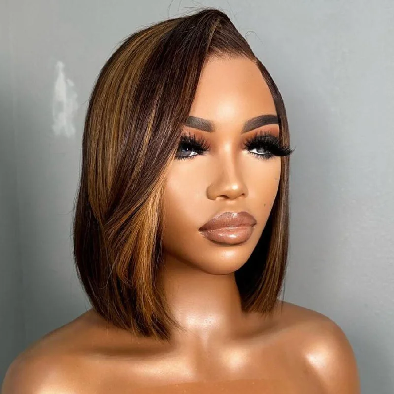 Human - hair lace wig for a luxurious and natural feelWOWANGEL Blonde Highlight Straight Short Bob Wig 5x5 HD Lace Closure Wig