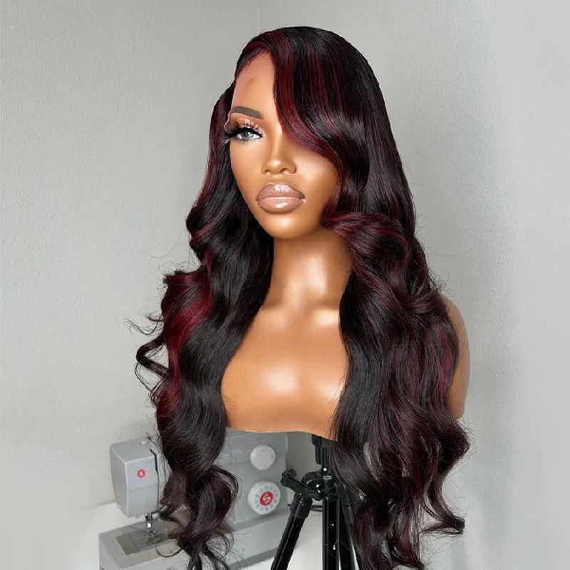 Lace wig with a natural - looking root for a more realistic lookWOWANGEL Burgundy Highlight 13X4 HD Lace Full Frontal Wig Body Wave