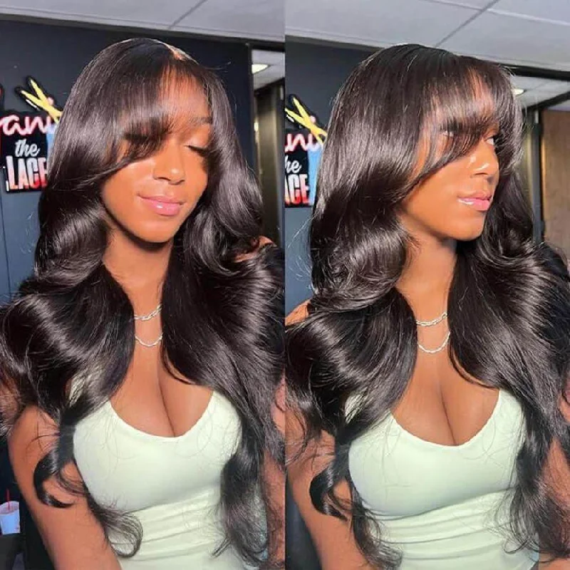 Lace wig with a side - swept bang for a sophisticated lookWOWANGEL Curtain Bangs Wig HD Lace 13X6 Full Frontal Wig Body Wave Pre Plucked