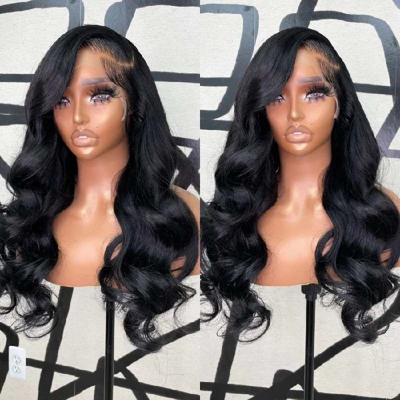 Lace wig with a wavy texture for a beachy lookWOWANGEL Jet Black Color 13x4 HD Lace Full Frontal Wigs Body Wave