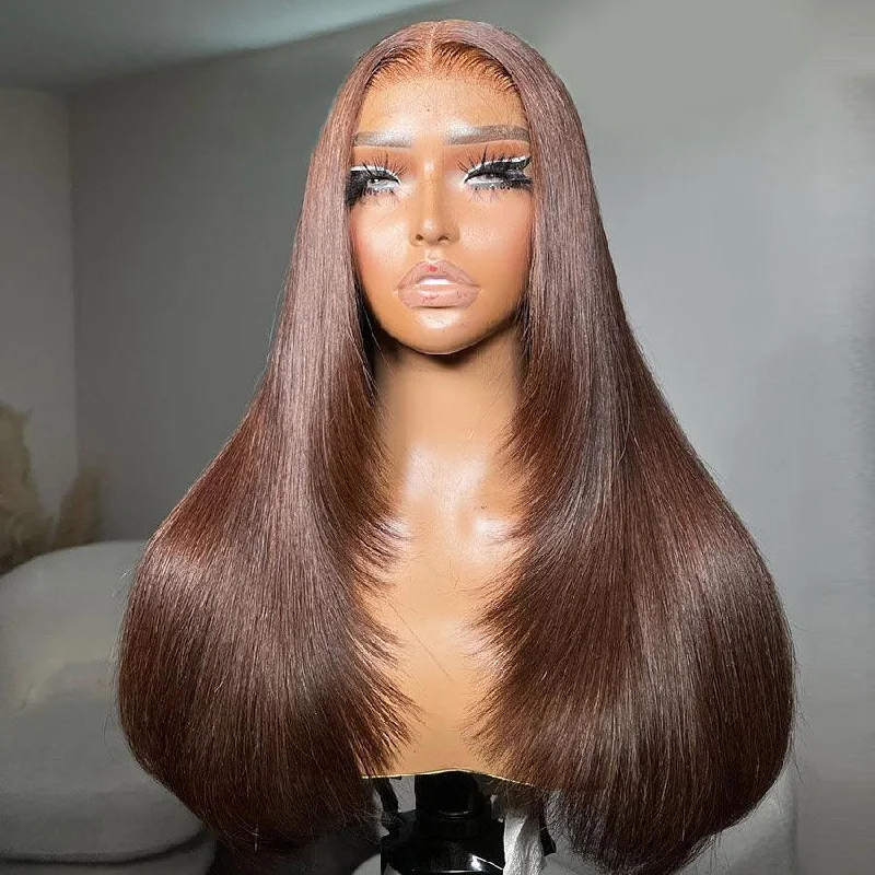 Lace wig with a pre - bleached knot for a natural - looking scalpWOWANGEL Layered Cut #4 Dark Brown 13X6 HD Lace Front Wig Straight