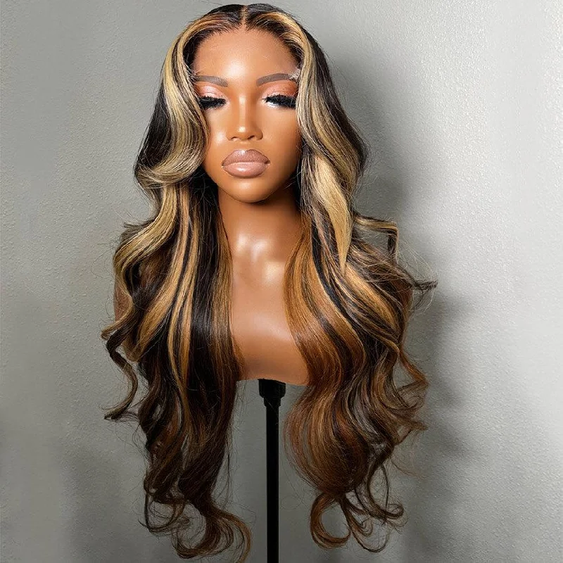 Lace wig with a 13x4 lace frontal for a wide - parting areaWOWANGEL Mix Highlight 5X5 HD Lace Closure Wig Glueless Wig Premium Raw Hair