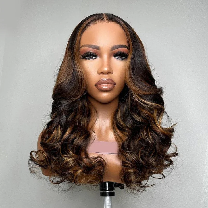 Lace wig with a pre - plucked hairline for a more natural lookWOWANGEL Mix Highlight Color Skinlike Real HD Lace Closure Wig Glueless Wear Go Wig