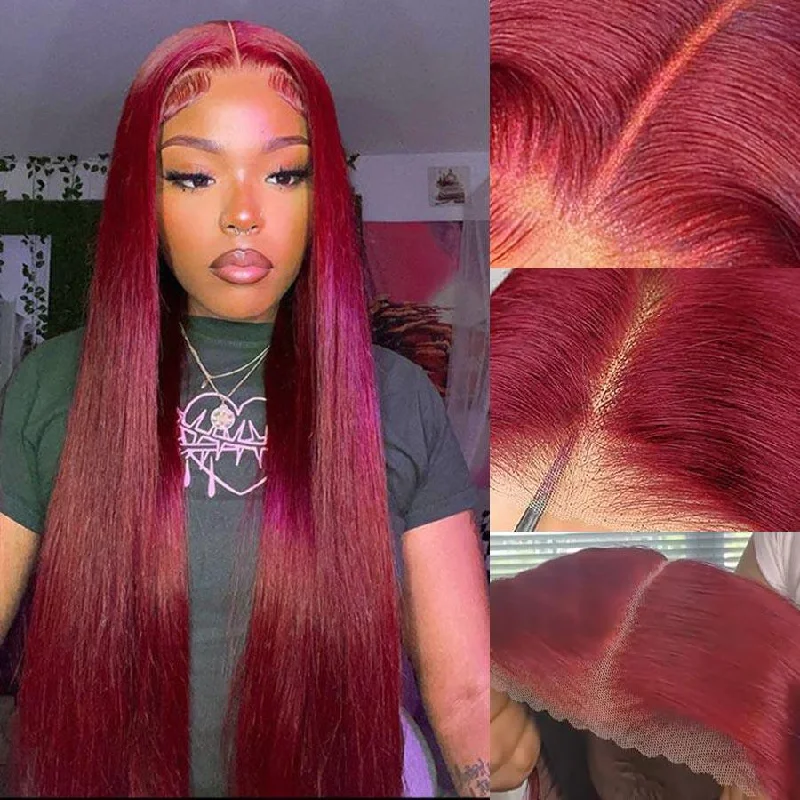 Lace wig with a middle - part for a classic and elegant styleWOWANGEL Plum Red 5X5 HD Lace Closure Wig Straight Glueless Wigs