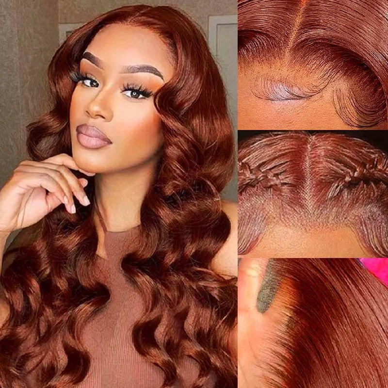 Lace wig with a 13x4 lace frontal for a wide - parting areaWOWANGEL Reddish Brown 5X5 HD Lace Closure Wig Body Wave Glueless Wigs