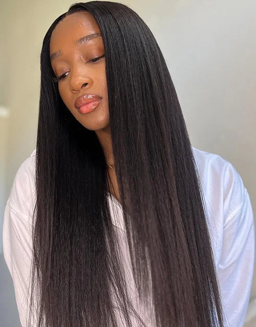 Lace wig with a 13x4 lace frontal for a wide - parting areaYaki Straight 13x5 Pre Everything Put on and Go Wig With Bleach Knots Human Hair