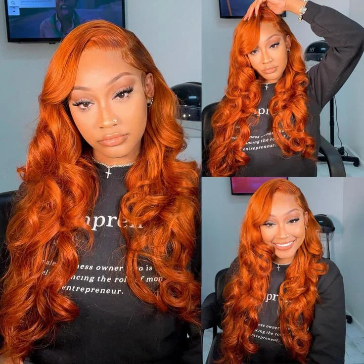 Colored wig with a middle - part for a classic and elegant styleYMY Sunrise Orange 13X4 Lace Frontal Wigs Loose Wave Hair Colored Wigs