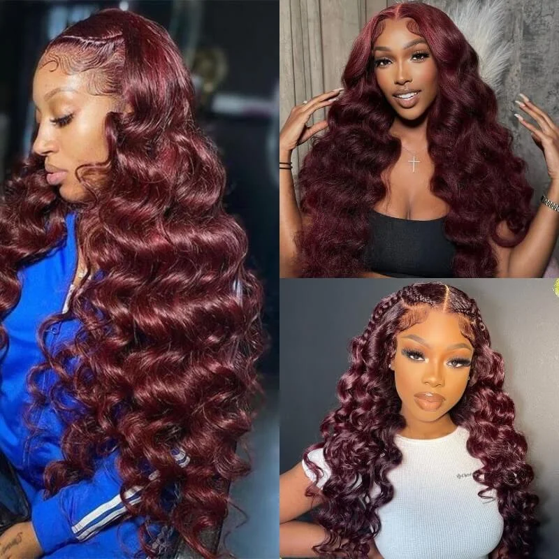 Colored wig with a red - orange hue for a warm and energetic lookYMY Hair 13x4 Lace Frontal 99J Loose Wave Pre-plucked Wigs Natural Looking