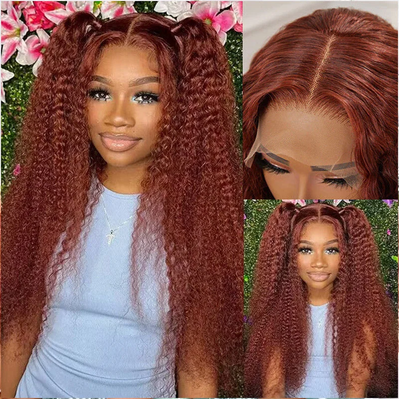 Colored wig with a middle - part for a classic and elegant styleYMY Hair 4x4 Lace Closure Jerry Curly Reddish Brown Wigs for Sale