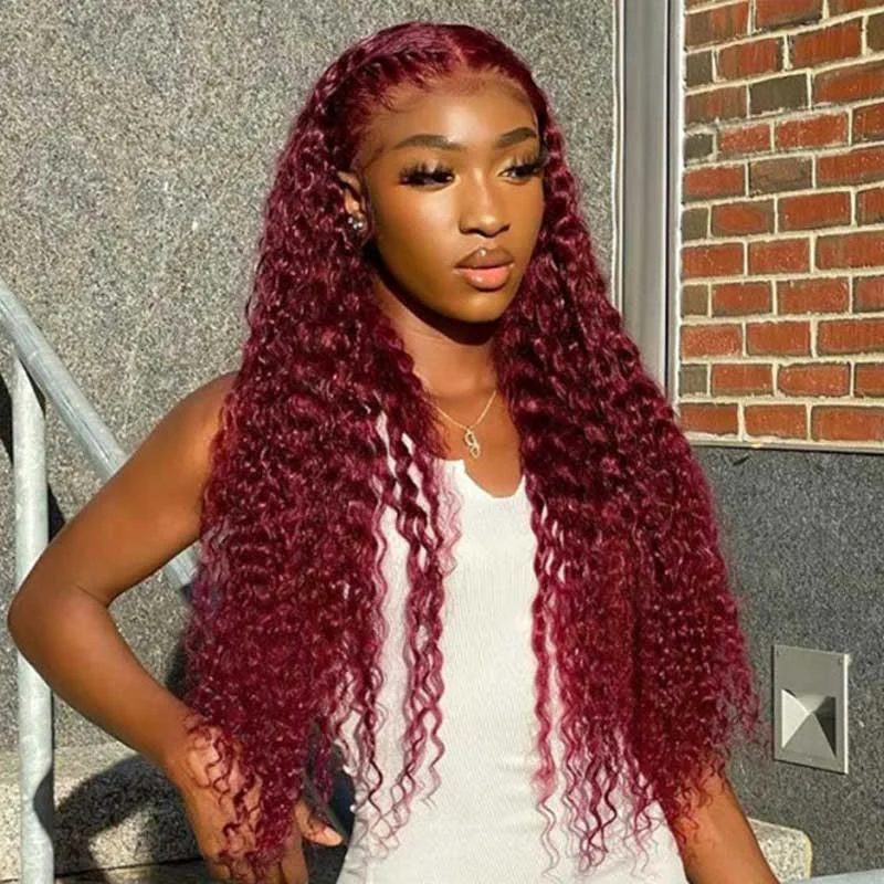 Colored wig with a curly texture for a bold and stylish choiceYMY Hair 99J Colored Deep Wave Hair Pre Plucked Burgundy Wigs For Women