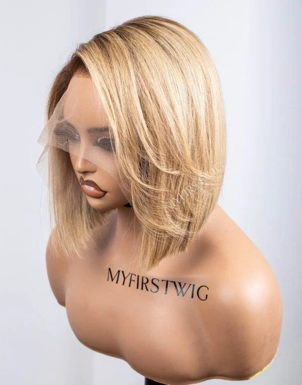 10-12 inches Blonde Side Part Bob Glueless Human Hair Invisible Lace Wig - April013