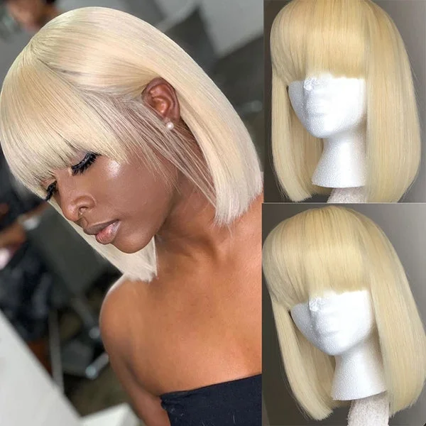 613 Blonde Straight Hair Bob Wig with Bangs Brazilian Remy Hair Short Human Hair Wigs for Women