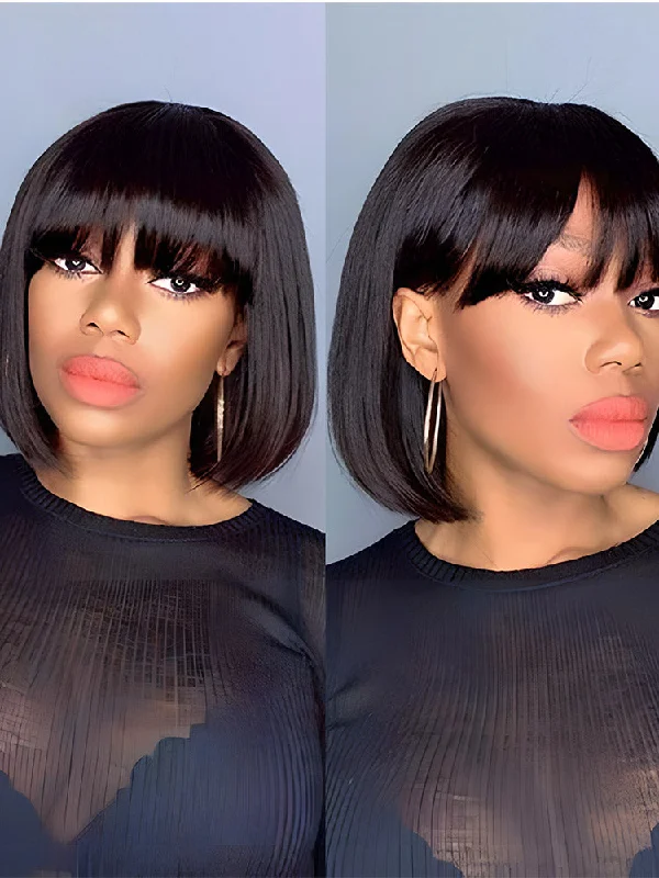 Bob wig with a blunt cut for a modern and edgy styleCurlyMe Silk Straight Hair Non Lace Glueless Bob Wig With Bangs