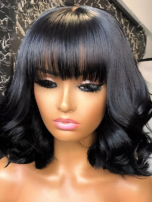 Short - bob wig for a super - sleek and minimalist styleCurlyMe Body Wave Hair Non Lace Bob Wigs Full Machine Made Wigs With Bangs