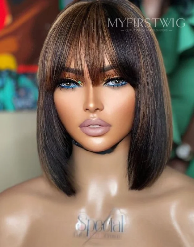 ASPECIALUNIT- Highlight Brown Bob With Bangs Invisible Lace Glueless Human Hair Lace Front Wig - SPE071