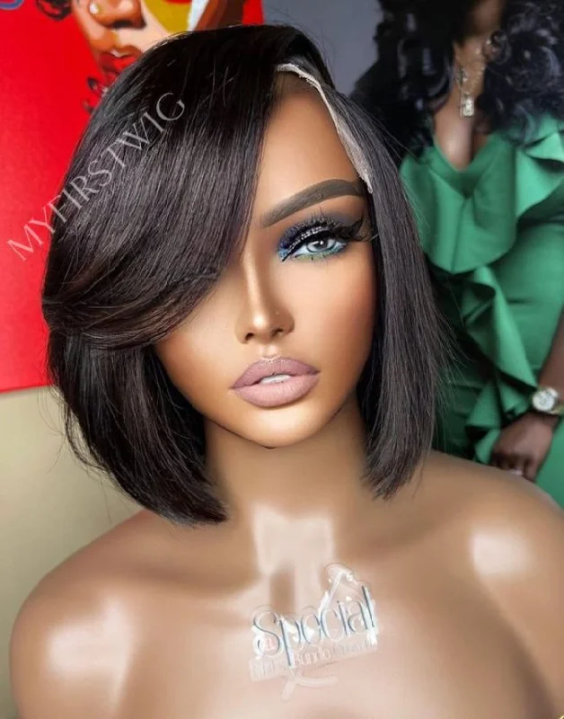 ASPECIALUNIT- Short Bob Cut Invisible Lace Glueless Human Hair Wig- SPE070