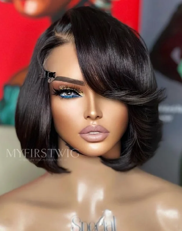 ASPECIALUNIT- Side Part Bob With Bangs Invisible Lace Glueless Human Hair Wig- SPE088