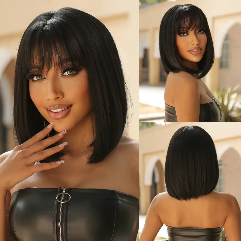 Bob wig in a jet - black color for a classic appearanceBob Short Straight Wigs with Bangs Full Machine Natural Black Human Hair Wigs for Women