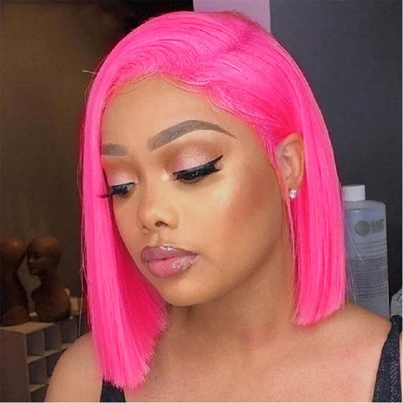 Bob wig with a wavy texture for a beachy lookHot Dark Pink Straight Short Bob  Lace Front Wig Human Hair Transparent Lace