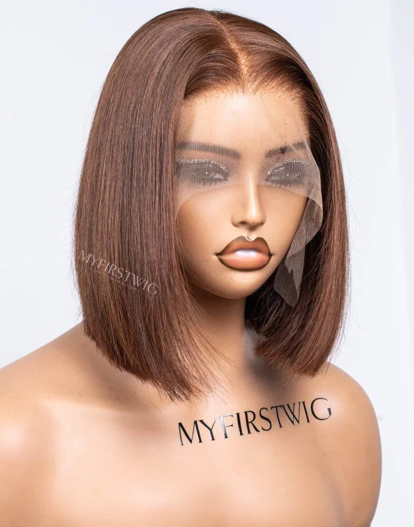 Brown Blunt Cut Bob Human Hair Glueless Lace Front Wig - April015