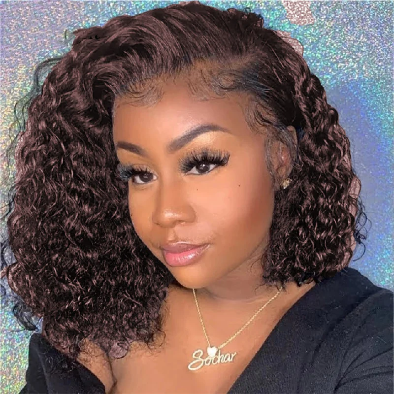 Bob wig with a balayage effect for a natural - looking color transitionChocolate Brown Water Wave 13X4 / 4X4 Lace Frontal / Closure Short Bob Wig