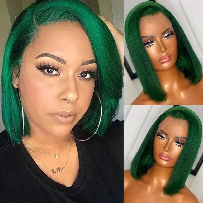 Bob wig with a curly fringe for a playful and youthful vibeDark Green Straight Bob 4x4/13x4 HD Lace Frontal Wigs