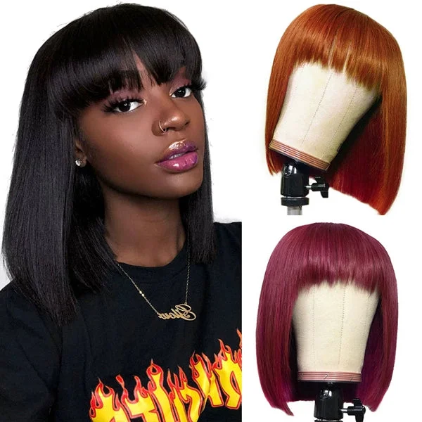 Ginger Human Hair Wigs With Bangs for Women 99J Bob Wig Short Straight Hair Colored Wigs