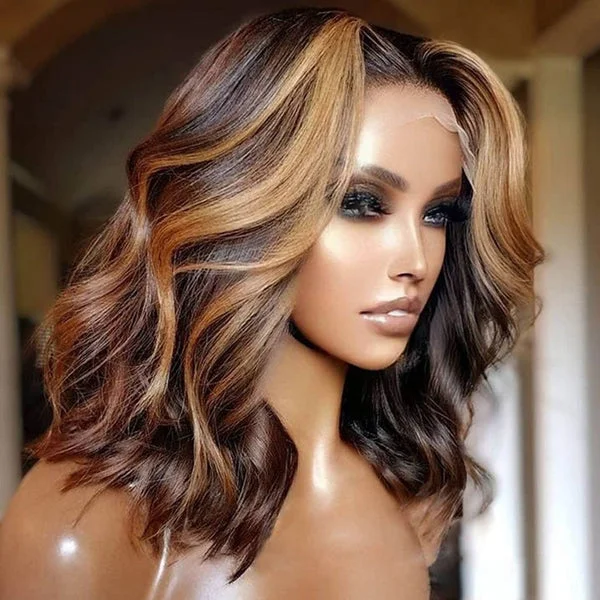 Bob wig with a curly fringe for a playful and youthful vibeHighlight Brown Blonde Body Wave Bob Wigs Undetectable Invisible 13x4 Lace Frontal Human Hair Wigs