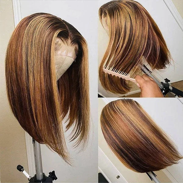 Bob wig with a pre - plucked hairline for a more natural lookHighlight Short Bob Wig 4X4 Lace Closure Wig Bone Straight Human Hair Wig