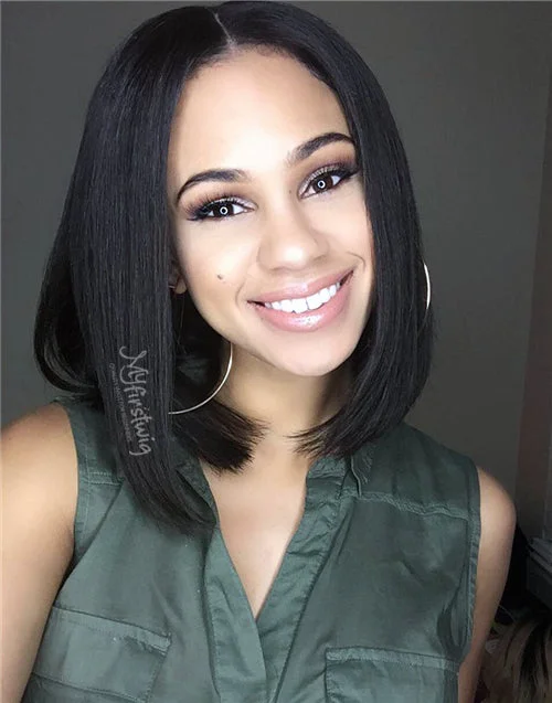 Jamie - Human Hair Glueless Short Black Bob Lace Front Wig - LFW002