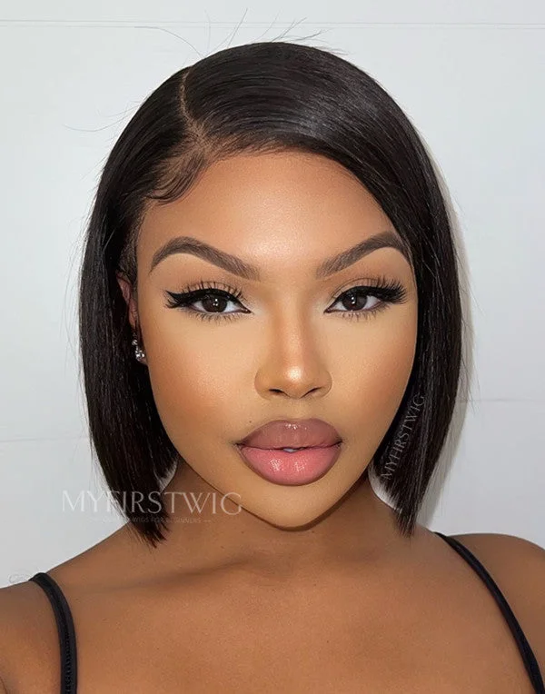 Kaayladee - Side Part Blunt Cut Black Bob Glueless Human Hair Invisible Lace Front Wig - KLD001