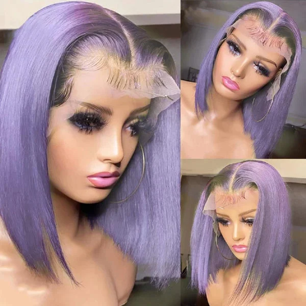 Lavender Bob Wig Lace Front Human Hair Wigs Pre-plucked Short Hair Purple Wig 8-14 Inch