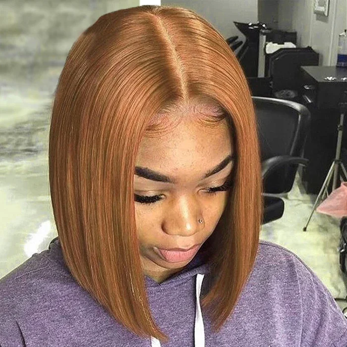 Bob wig with a curly fringe for a playful and youthful vibeLumiere A1 Customized #30 Light Brown Short Straight Bob 4x4 Lace Wig 100% Human Hair