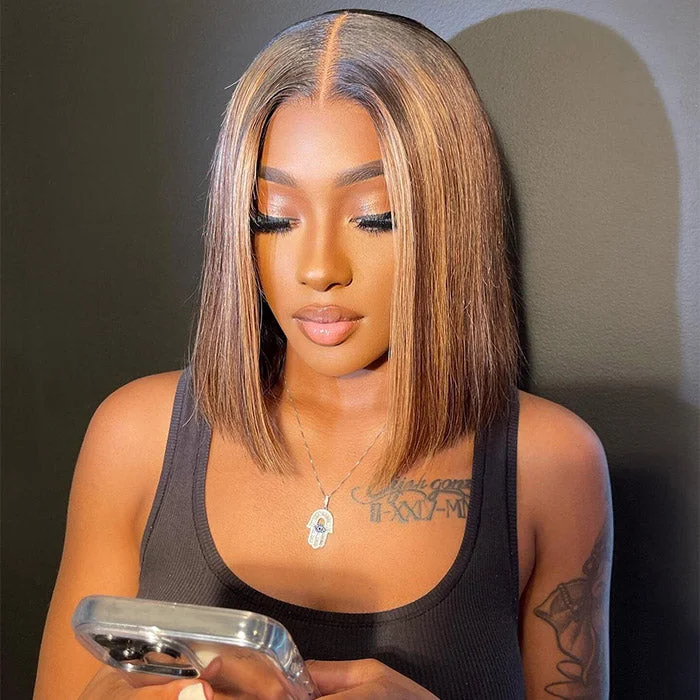 Bob wig with auburn highlights for a warm and vibrant appearanceLumiere A1 Customized Highlight P4/30 Ombre Hair 13x4 Lace Front Straight Bob Wigs 14 Inch