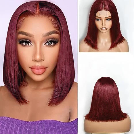 Lumiere Blunt Cut #99J Red Colored Short Bob 13x4 Lace Front Human Hair Wigs Straight Bob Wigs