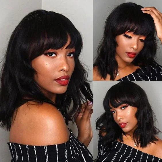 Bob wig with a wavy texture for a beachy lookBody Wave Bob Full Machine Made None Lace With Bangs For Women