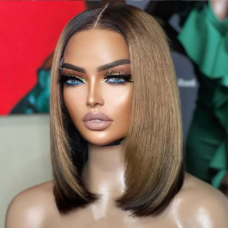 Bob wig with a blunt cut for a modern and edgy styleLumiere Brown Blonde With Black Colored Human Hair Straight Short Bob Wigs 13x4 Transparent Bob Lace Front Wigs For Black Women HDZ