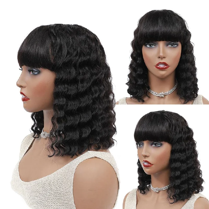 Bob wig in a jet - black color for a classic appearanceDeep Wave Bob Full Machine Made No Lace With Bangs For Women