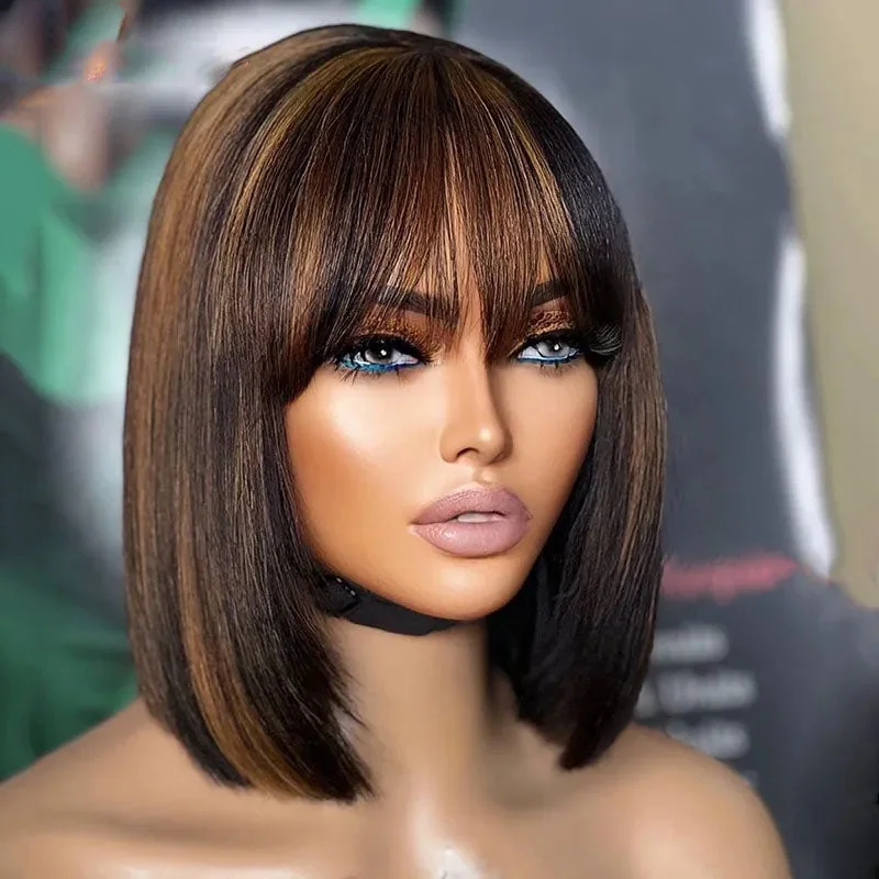 Bob wig with a pixie - inspired cut for a bold and stylish choiceLumiere Highlight Brown Colored Short Bob Human Hair Wig For Black Women 13x4 Lace Frontal Wig 180% Density HDZ