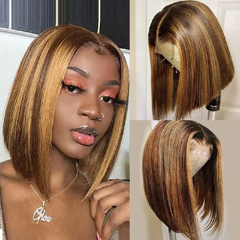 Lumiere Highlight P4/27 Straight 5x5x1 T Part Lace Short Bob Wigs Hair For Black Women(No Code Need)