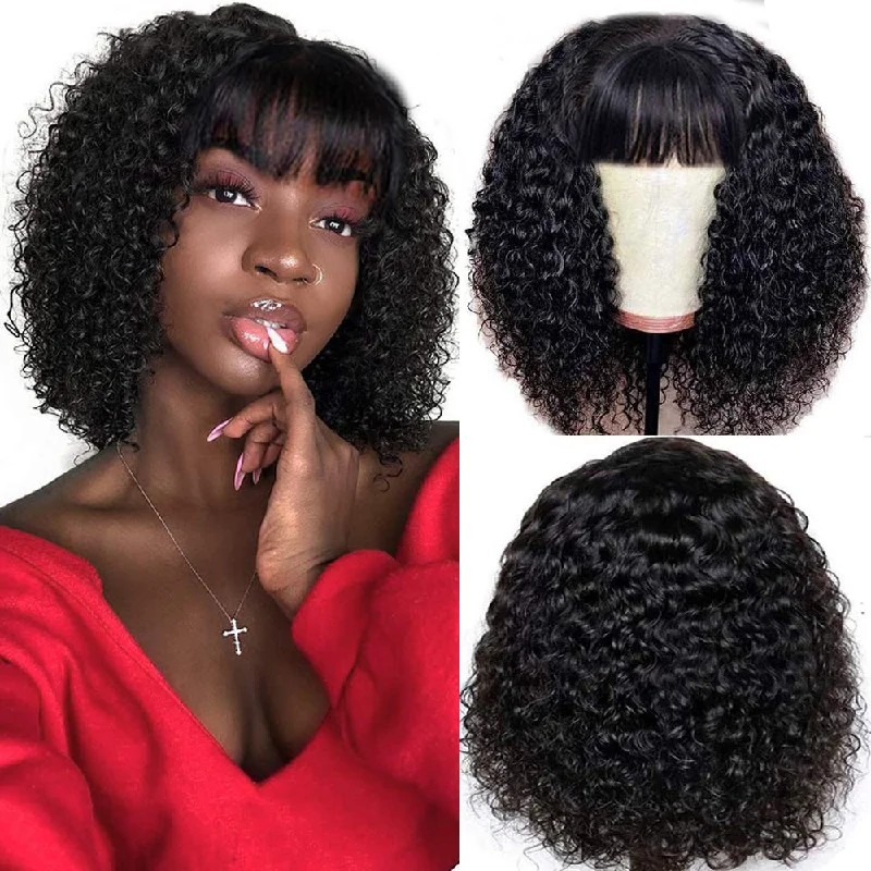 Layered bob wig to add volume and dimensionKinky Curly Bob Full Machine Made None Lace Human Hair Wigs With Bangs